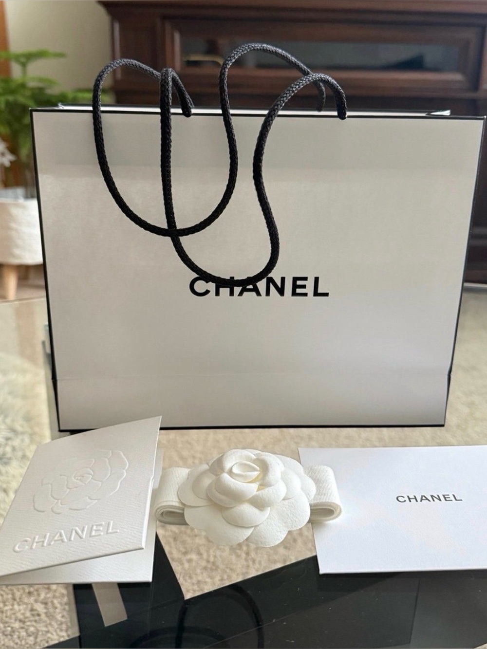 CHANEL White and Black Branded Gift Set with Camellia